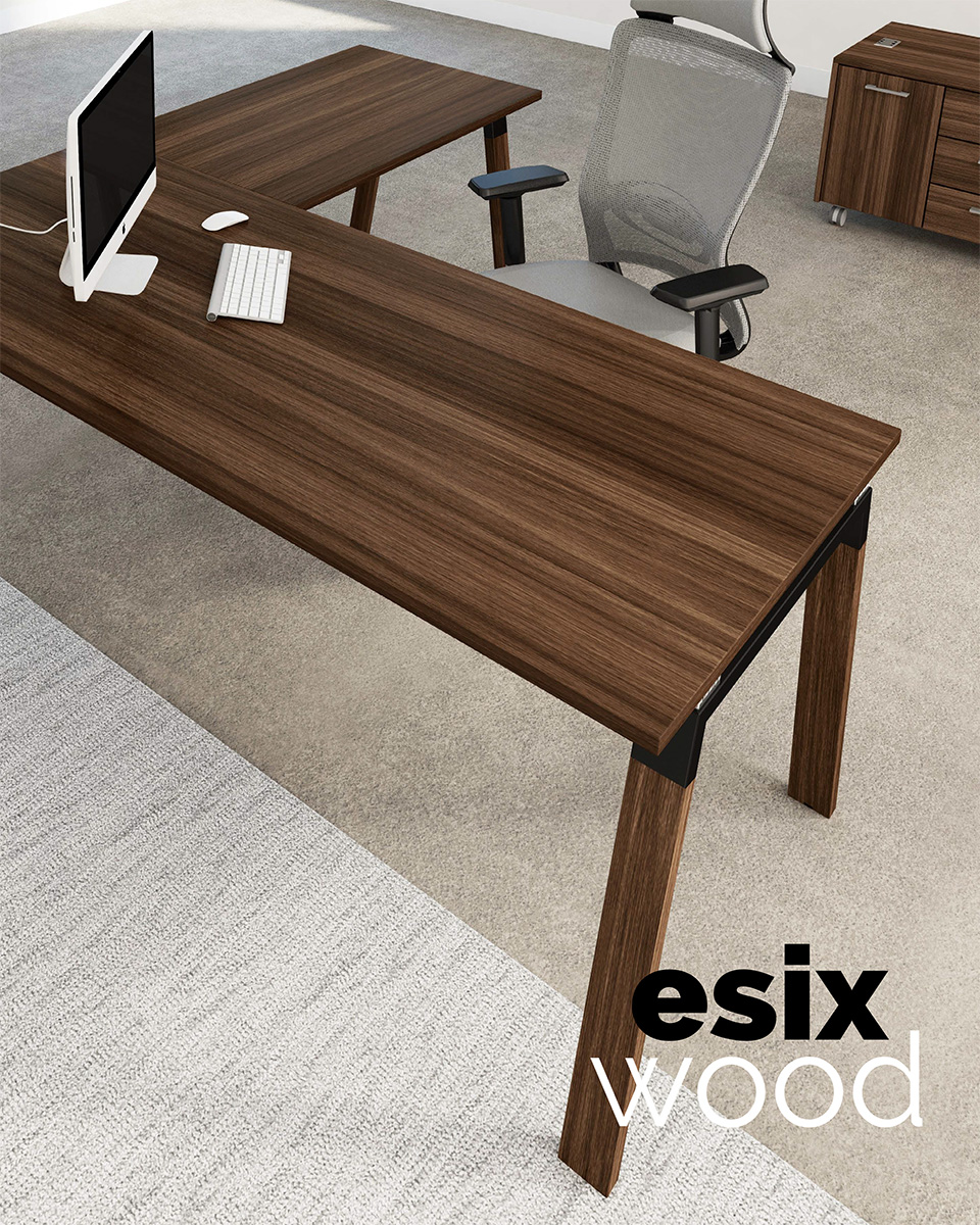 Copertina del catalogo della nuova linea di arredi per uffici Esix Wood di IMO